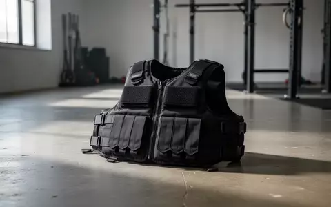 Eine schwarze Gewichtsweste liegt auf dem Boden eines funktionalen Fitnessstudios mit einem Kraftgestell im Hintergrund. - Foto: über boerse-global.de