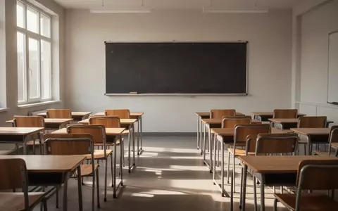 Ein leerer, sonnendurchfluteter Klassenraum mit leeren Schultischen und einer leeren Tafel. - Foto: über boerse-global.de