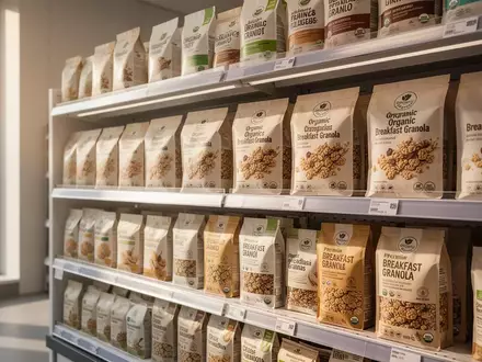 Ein modernes Supermarktregal mit hochwertigen, gesundheitsorientierten Frühstücksprodukten und Müslipackungen. - Foto: über boerse-global.de
