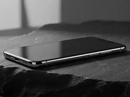 Ein modernes Smartphone auf einer dunklen Steinoberfläche in einem minimalistischen, professionellen Studio-Setup. - Foto: über boerse-global.de