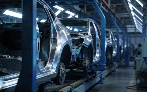 Abstrakte Aufnahme einer modernen Automobil-Fertigungsstraße mit Fokus auf metallische Präzision und industrielle Ästhetik. - Foto: über boerse-global.de