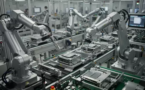 Moderne automatisierte Fertigungsanlage in einer Elektronikfabrik mit Fließband und Roboterarmen. - Foto: über boerse-global.de