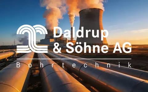 Moderne Geothermieanlage bei Sonnenuntergang mit aufsteigendem Wasserdampf vor blauem Himmel. - Foto: über boerse-global.de
