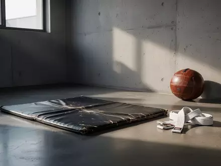 Ein minimalistischer Kampfsportraum mit einer schwarzen Matte auf Betonboden, daneben gefaltete Gürtel und ein Medizinball. - Foto: über boerse-global.de