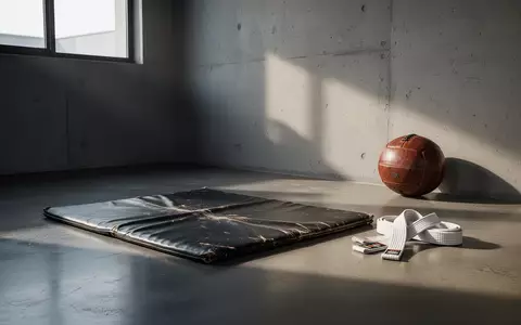 Ein minimalistischer Kampfsportraum mit einer schwarzen Matte auf Betonboden, daneben gefaltete Gürtel und ein Medizinball. - Foto: über boerse-global.de