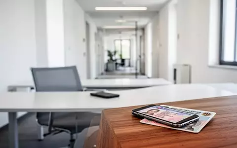 Ein Smartphone und ein Personalausweis auf einem Schreibtisch in einem modernen Büro der Bundesagentur für Arbeit. - Foto: über boerse-global.de