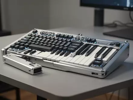 Ein technischer Prototyp einer mechanischen Tastatur mit integriertem MIDI-Controller aus Aluminium auf einem Schreibtisch. - Foto: über boerse-global.de