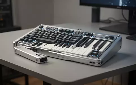 Ein technischer Prototyp einer mechanischen Tastatur mit integriertem MIDI-Controller aus Aluminium auf einem Schreibtisch. - Foto: über boerse-global.de