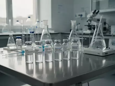 Moderne medizinische Laborausrüstung mit Glasfläschchen auf einem Edelstahltisch in einer sterilen Forschungsumgebung. - Foto: über boerse-global.de