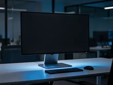 Ein moderner, dunkler Arbeitsplatz mit einem eingeschalteten, aber leeren Monitor auf einem minimalistischen Schreibtisch. - Foto: über boerse-global.de