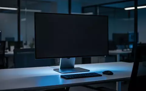 Ein moderner, dunkler Arbeitsplatz mit einem eingeschalteten, aber leeren Monitor auf einem minimalistischen Schreibtisch. - Foto: über boerse-global.de