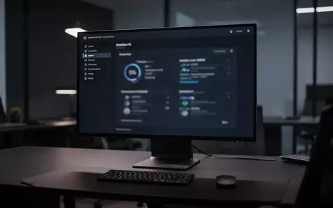 Ein moderner, aufgeräumter Schreibtisch mit einem Computerbildschirm, der eine Systemdiagnose-Software anzeigt. - Foto: über boerse-global.de