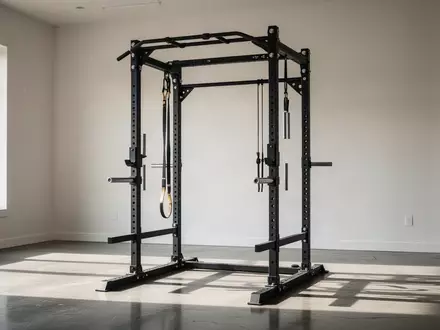 Ein robustes, schwarzes Power Rack aus Stahl steht in einem modernen, hellen Heim-Fitnessraum auf einem Betonboden. - Foto: über boerse-global.de