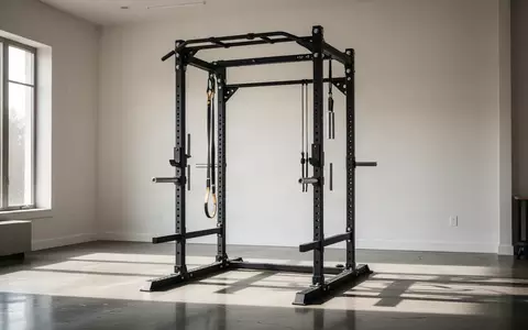 Ein robustes, schwarzes Power Rack aus Stahl steht in einem modernen, hellen Heim-Fitnessraum auf einem Betonboden. - Foto: über boerse-global.de