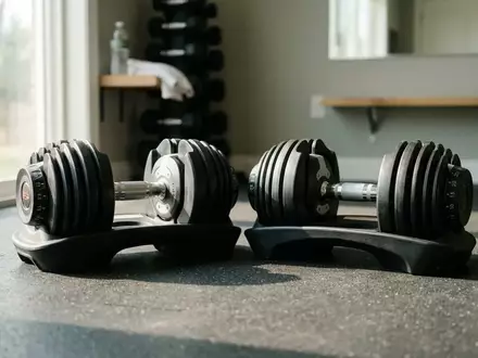 Verstellbare Kurzhanteln mit Gewichtsscheiben auf einem Fitnessboden in einem Heimstudio. - Foto: über boerse-global.de