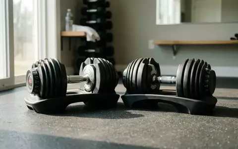 Verstellbare Kurzhanteln mit Gewichtsscheiben auf einem Fitnessboden in einem Heimstudio. - Foto: über boerse-global.de