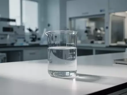 Ein gläsernes Becherglas mit einer klaren chemischen Lösung auf einem sterilen Labortisch in einer Forschungseinrichtung. - Foto: über boerse-global.de