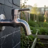 Ein moderner, metallischer Wasserhahn an einer dunklen Steinwand mit Wassertropfen vor einem unscharfen Gartenhintergrund. - Foto: über boerse-global.de