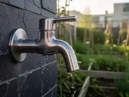 Ein moderner, metallischer Wasserhahn an einer dunklen Steinwand mit Wassertropfen vor einem unscharfen Gartenhintergrund. - Foto: über boerse-global.de
