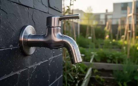 Ein moderner, metallischer Wasserhahn an einer dunklen Steinwand mit Wassertropfen vor einem unscharfen Gartenhintergrund. - Foto: über boerse-global.de