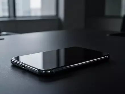 Ein Smartphone mit schwarzem Display liegt auf einem dunklen Büroschreibtisch, beleuchtet durch diffuses Licht. - Foto: über boerse-global.de