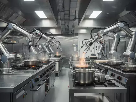 Hochmoderne Industrieküche mit automatisierten Robotersystemen zur Lebensmittelzubereitung in einer professionellen Umgebung. - Foto: über boerse-global.de