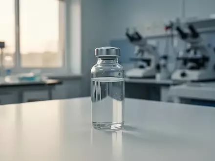 Ein gläsernes Medizinfläschchen auf einer weißen, reflektierenden Oberfläche in einem modernen Labor. - Foto: über boerse-global.de