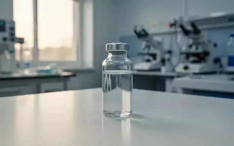 Ein gläsernes Medizinfläschchen auf einer weißen, reflektierenden Oberfläche in einem modernen Labor. - Foto: über boerse-global.de