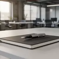 Ein minimalistischer Büroschreibtisch mit einem Notizbuch und Füllfederhalter vor einem verschwommenen Büro-Hintergrund. - Foto: über boerse-global.de