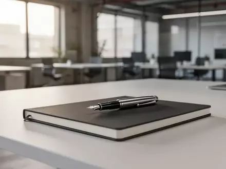 Ein minimalistischer Büroschreibtisch mit einem Notizbuch und Füllfederhalter vor einem verschwommenen Büro-Hintergrund. - Foto: über boerse-global.de