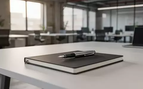 Ein minimalistischer Büroschreibtisch mit einem Notizbuch und Füllfederhalter vor einem verschwommenen Büro-Hintergrund. - Foto: über boerse-global.de