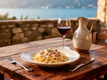 Ein gedeckter Holztisch in einer italienischen Trattoria am Gardasee mit einem Teller Pasta und einem Weinglas. - Foto: über boerse-global.de