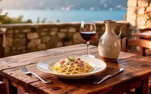 Ein gedeckter Holztisch in einer italienischen Trattoria am Gardasee mit einem Teller Pasta und einem Weinglas. - Foto: über boerse-global.de