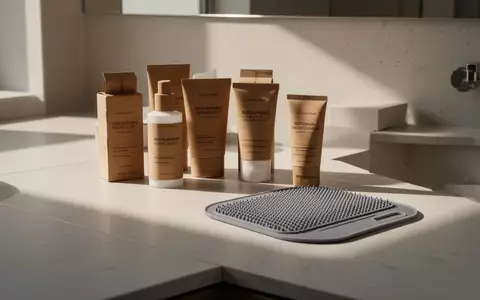Nachhaltige Pflegeprodukte in Kraftpapierverpackung und ein Silikon-Reinigungs-Pad auf einem modernen Badezimmerwaschtisch. - Foto: über boerse-global.de