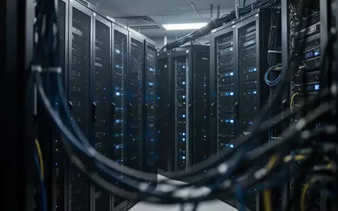 Dunkler Serverraum mit modernen IT-Schranksystemen und blauen Statusleuchten. - Foto: über boerse-global.de