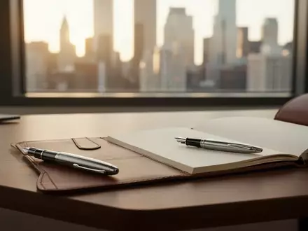 Ein minimalistischer Schreibtisch mit einem Notizbuch und einem Füllfederhalter vor einem unscharfen Stadtpanorama. - Foto: über boerse-global.de