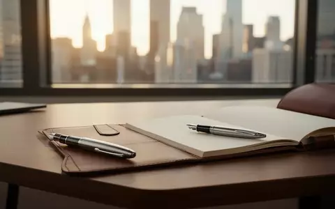 Ein minimalistischer Schreibtisch mit einem Notizbuch und einem Füllfederhalter vor einem unscharfen Stadtpanorama. - Foto: über boerse-global.de
