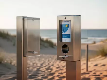 Ein moderner Sonnencreme-Spender an einem sonnigen Sandstrand mit Dünen im Hintergrund. - Foto: über boerse-global.de