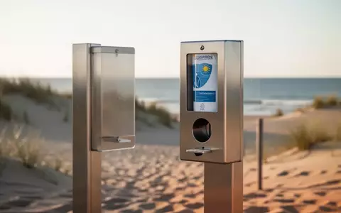 Ein moderner Sonnencreme-Spender an einem sonnigen Sandstrand mit Dünen im Hintergrund. - Foto: über boerse-global.de