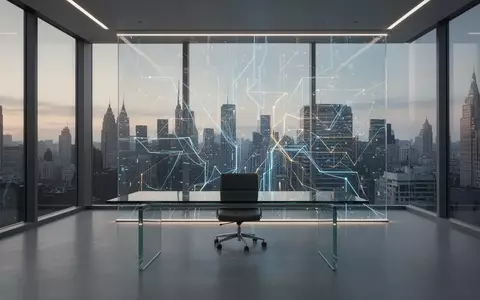 Ein modernes, minimalistisches Bankbüro mit einer abstrakten Lichtinstallation im Hintergrund und Blick auf die Skyline. - Foto: über boerse-global.de