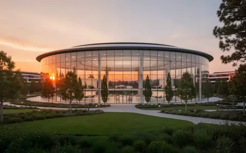 Das Apple-Park-Gebäude bei Sonnenuntergang mit seiner kreisförmigen Glasfassade und umliegender Grünanlage. - Foto: über boerse-global.de