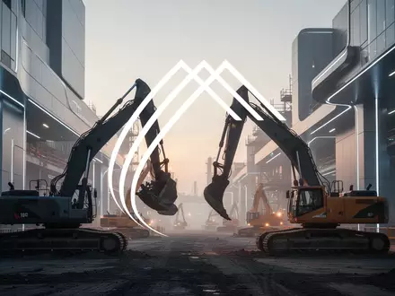 Moderne Baustelle mit schweren Baumaschinen in der Morgendämmerung bei atmosphärischer Beleuchtung. - Foto: über boerse-global.de