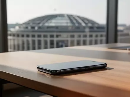 Ein ausgeschaltetes Smartphone auf einem Holztisch vor dem unscharfen Hintergrund eines europäischen Regierungsgebäudes. - Foto: über boerse-global.de