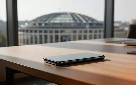 Ein ausgeschaltetes Smartphone auf einem Holztisch vor dem unscharfen Hintergrund eines europäischen Regierungsgebäudes. - Foto: über boerse-global.de