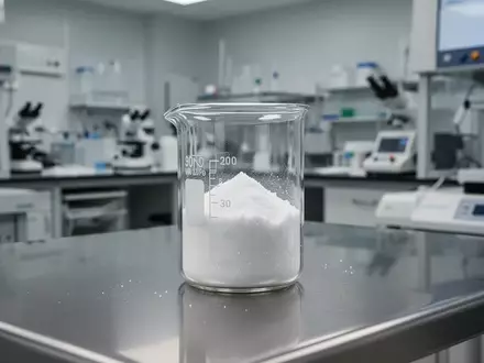 Ein Glasbecher mit weißem, kristallinem Pulver auf einem Edelstahltisch in einem medizinischen Labor. - Foto: über boerse-global.de