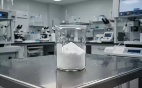 Ein Glasbecher mit weißem, kristallinem Pulver auf einem Edelstahltisch in einem medizinischen Labor. - Foto: über boerse-global.de
