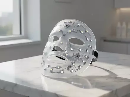 Eine moderne LED-Gesichtsmaske für die Hauttherapie liegt auf einer hellen Marmoroberfläche in einem minimalistischen Raum. - Foto: über boerse-global.de