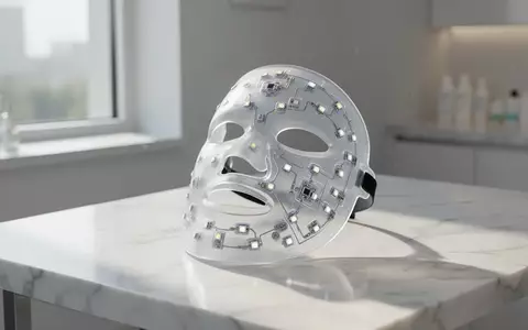 Eine moderne LED-Gesichtsmaske für die Hauttherapie liegt auf einer hellen Marmoroberfläche in einem minimalistischen Raum. - Foto: über boerse-global.de