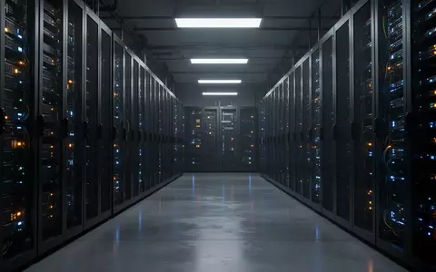 Reihen von Server-Racks in einem modernen Rechenzentrum mit blinkenden Statusleuchten in einer dunklen, industriellen Umgebung. - Foto: über boerse-global.de