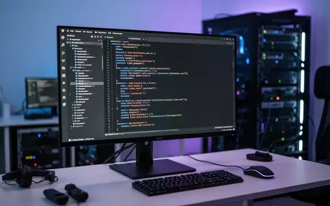 Ein moderner Arbeitsplatz mit einem Monitor, auf dem Programmcode in einem dunklen Editor angezeigt wird. - Foto: über boerse-global.de